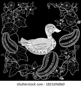 Art therapy coloring page. Coloring Book for adults and children. Cute wreath with duck and flowers. Antistress freehand sketch drawing with doodle and zentangle elements.