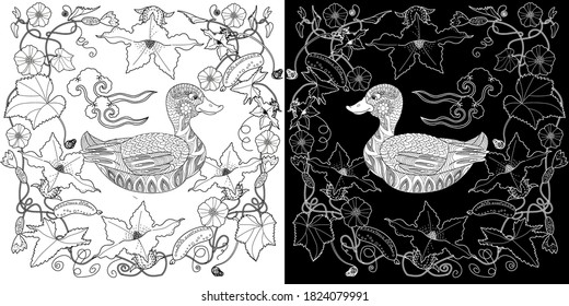 Art therapy coloring page. Coloring Book for adults and children. Colouring pictures with duck. Antistress freehand sketch drawing with doodle and zentangle elements.