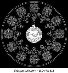 Art therapy coloring page. Coloring Book for adults and children. Outline Mandala and Christmas Tree Ornament for coloring book. Decorative round ornament.