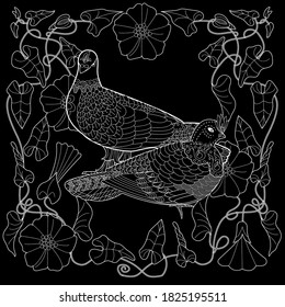 Art therapy coloring page. Coloring Book for adults. Colouring pictures with flowers and birds. Antistress freehand sketch drawing with doodle and zentangle elements.