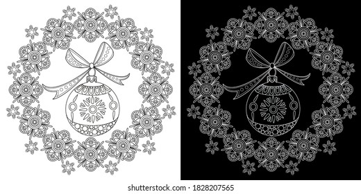 Art therapy coloring page. Coloring Book for adults and children. Outline Mandala and Christmas Tree Ornament for coloring book. Decorative round ornament. Anti-stress therapy pattern.