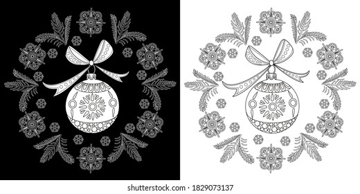 Art therapy coloring page. Coloring Book for adults and children. Outline Mandala and Christmas Tree Ornament for coloring book. Decorative round ornament. Anti-stress therapy pattern.