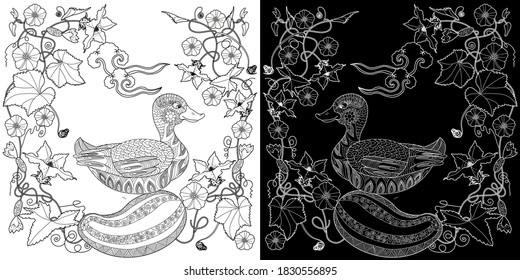 Art therapy coloring page. Coloring Book for adults. Colouring pictures with flowers and duck. Antistress freehand sketch drawing with doodle and zentangle elements.