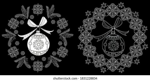 Art therapy coloring page. Coloring Book for adults and children. Outline Mandala and Christmas Tree Ornament for coloring book. Decorative round ornament.