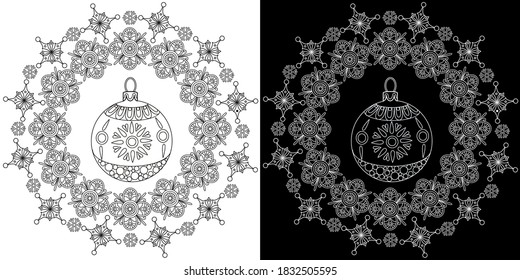 Art therapy coloring page. Coloring Book for adults and children. Outline Mandala and Christmas Tree Ornament for coloring book. Decorative round ornament.