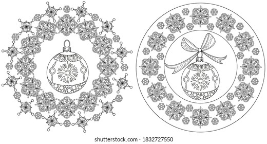 Art therapy coloring page. Coloring Book for adults and children. Outline Mandala and Christmas Tree Ornament for coloring book. Decorative round ornament. Anti-stress therapy pattern. 
