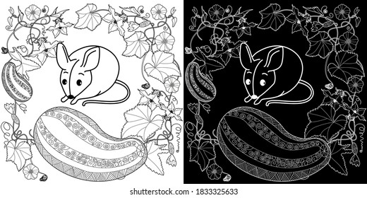 Art therapy coloring page. Coloring Book for adults and children. Cute wreath with flowers  and mouse. Antistress freehand sketch drawing with doodle and zentangle elements.