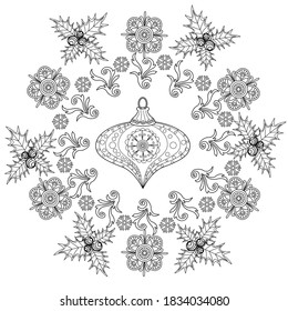 Art therapy coloring page. Coloring Book for adults and children. Outline Mandala and Christmas Tree Ornament for coloring book. Decorative round ornament. Anti-stress therapy pattern. 