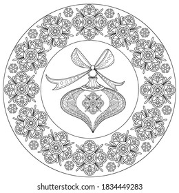 Art therapy coloring page. Coloring Book for adults and children. Outline Mandala and Christmas Tree Ornament for coloring book. Decorative round ornament. Anti-stress therapy pattern. 