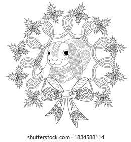 Art therapy coloring page. Coloring Book for adults and children. Outline Mandala and Christmas Tree Ornament for coloring book. Decorative round ornament.