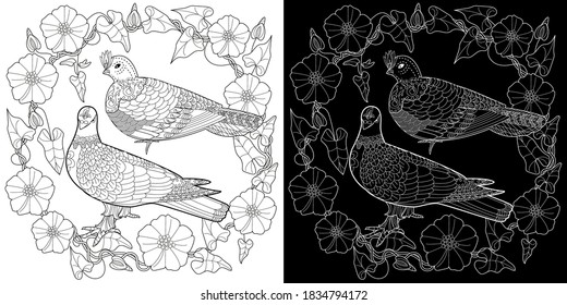 Art therapy coloring page. Coloring Book for adults and children. Cute wreath with doves and flowers, vector illustration in vintage style. 