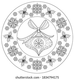 Art therapy coloring page. Coloring Book for adults and children. Outline Mandala and Christmas Tree Ornament for coloring book. Decorative round ornament. Anti-stress therapy pattern. 