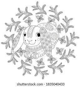 Art therapy coloring page. Coloring Book for adults and children. Outline Mandala and Christmas Tree Ornament for coloring book. Decorative round ornament.