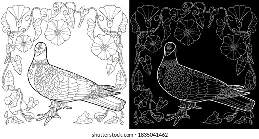 Art therapy coloring page. Coloring Book for adults and children. Cute wreath with flowers and birds, vector illustration in vintage style. 