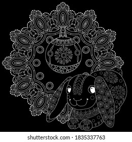 Art therapy coloring page. Coloring Book for adults and children. Christmas Tree Ornament and Rabbit. Art therapy coloring page.