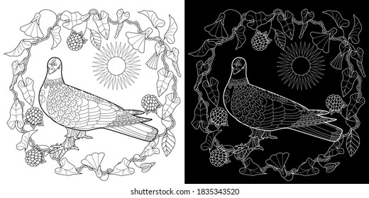 Art therapy coloring page. Coloring Book for adults. Colouring pictures with flowers and birds. Antistress freehand sketch drawing with doodle and zentangle elements.