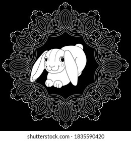 Art therapy coloring page. Coloring Book for adults and children. Christmas Tree Ornament and Rabbit. Art therapy coloring page.