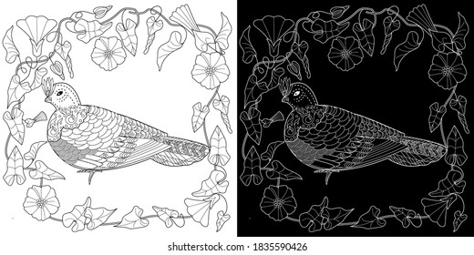 Art therapy coloring page. Coloring Book for adults. Colouring pictures with flowers and birds. Antistress freehand sketch drawing with doodle and zentangle elements.