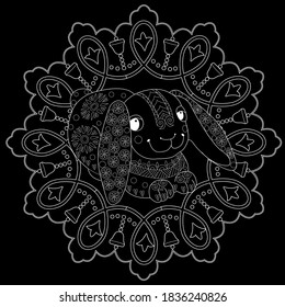 Art therapy coloring page. Coloring Book for adults and children. Christmas Tree Ornament and Rabbit. Art therapy coloring page.