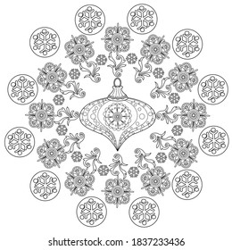 Art therapy coloring page. Coloring Book for adults and children. Outline Mandala and Christmas Tree Ornament for coloring book. Decorative round ornament. Anti-stress therapy pattern. 