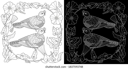 Art therapy coloring page. Coloring Book for adults. Colouring pictures with flowers and birds. Antistress freehand sketch drawing with doodle and zentangle elements.