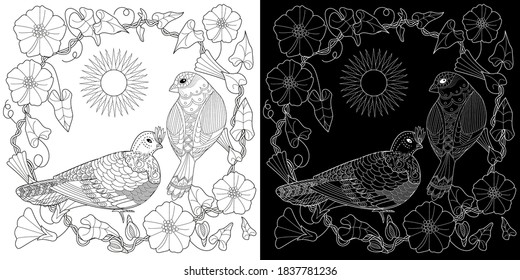 Art therapy coloring page. Coloring Book for adults. Colouring pictures with flowers and birds. Antistress freehand sketch drawing with doodle and zentangle elements.