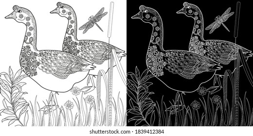 Art therapy coloring page. Coloring Book for children and adults. Colouring pictures with goose. Antistress freehand sketch drawing with doodle and zentangle elements.