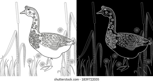 Art therapy coloring page. Coloring Book for children and adults. Colouring pictures with goose. Antistress freehand sketch drawing with doodle and zentangle elements.