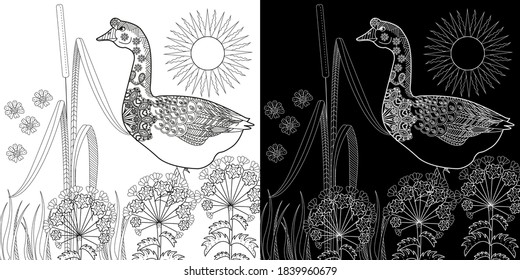 Art therapy coloring page. Coloring Book for children and adults. Colouring pictures with goose. Antistress freehand sketch drawing with doodle and zentangle elements.