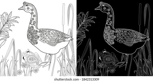 Art therapy coloring page. Coloring Book for children and adults. Colouring pictures with goose. Antistress freehand sketch drawing with doodle and zentangle elements.