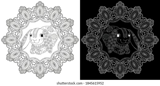 Art therapy coloring page. Coloring Book for adults and children. Christmas Tree Ornament and Rabbit. Art therapy coloring page. Antistress freehand sketch drawing with doodle and zentangle elements.