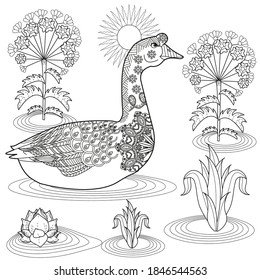 Art therapy coloring page. Coloring Book for children and adults. Colouring pictures with goose. Antistress freehand sketch drawing with doodle and zentangle elements.