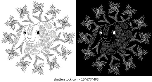 Art therapy coloring page. Coloring Book for adults and children. Christmas Tree Ornament and Rabbit. Art therapy coloring page. Antistress freehand sketch drawing with doodle and zentangle elements.