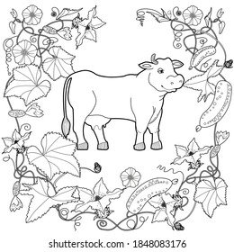 Art therapy coloring page. Coloring Book for children and adults. Colouring pictures with cow. Antistress freehand sketch drawing with doodle and zentangle elements.