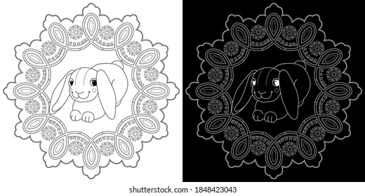 Art therapy coloring page. Coloring Book for adults and children. Christmas Tree Ornament and Rabbit. Art therapy coloring page. Antistress freehand sketch drawing with doodle and zentangle elements.