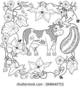 Art therapy coloring page. Coloring Book for children and adults. Colouring pictures with cow. Antistress freehand sketch drawing with doodle and zentangle elements.