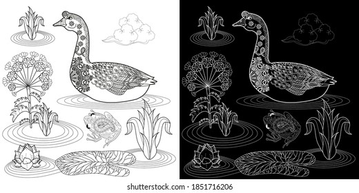 Art therapy coloring page. Coloring Book for adults and children. Colouring pictures with goose. Antistress freehand sketch drawing with doodle and zentangle elements.