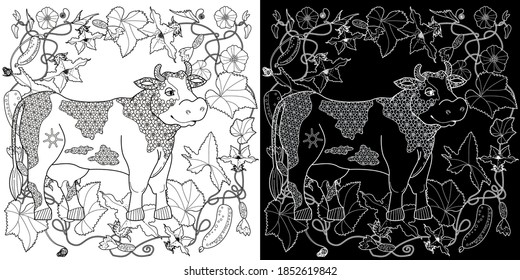 Art therapy coloring page. Coloring Book for children and adults. Colouring pictures with cow. Antistress freehand sketch drawing with doodle and zentangle elements.