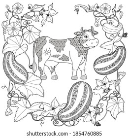 Art therapy coloring page. Coloring Book for children and adults. Colouring pictures with cow. Antistress freehand sketch drawing with doodle and zentangle elements.