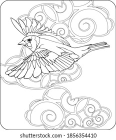 Art therapy coloring page. Coloring Book for adults. Colouring pictures with clowds and bird. Antistress freehand sketch drawing with doodle and zentangle elements.