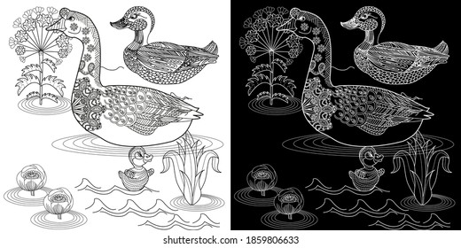 Art therapy coloring page. Coloring Book for children and adults. Colouring pictures with goose. Antistress freehand sketch drawing with doodle and zentangle elements.