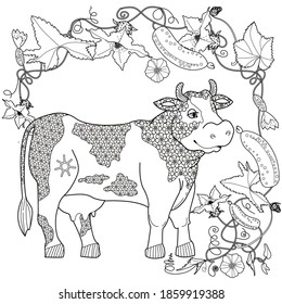 Art therapy coloring page. Coloring Book for children and adults. Colouring pictures with cow. Antistress freehand sketch drawing with doodle and zentangle elements.