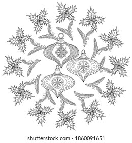 Art therapy coloring page. Coloring Book for adults and children. Outline Mandala and Christmas Tree Ornament for coloring book. Decorative round ornament. Anti-stress therapy pattern. Weave design el