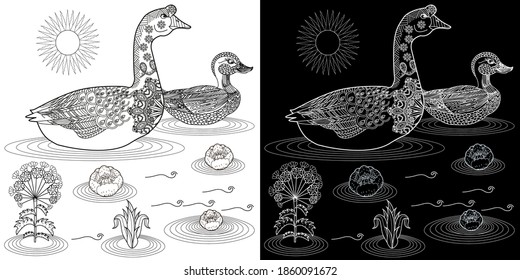 Art therapy coloring page. Coloring Book for children and adults. Colouring pictures with goose. Antistress freehand sketch drawing with doodle and zentangle elements.