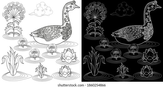 Art therapy coloring page. Coloring Book for children and adults. Colouring pictures with goose. Antistress freehand sketch drawing with doodle and zentangle elements.