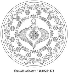 Art therapy coloring page. Coloring Book for adults and children. Outline Mandala and Christmas Tree Ornament for coloring book. Decorative round ornament. Anti-stress therapy pattern. Weave design el