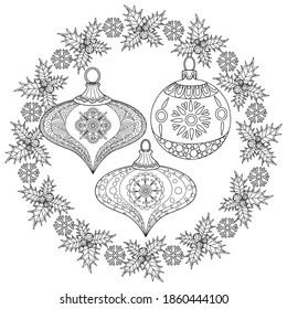 Art therapy coloring page. Coloring Book for adults and children. Outline Mandala and Christmas Tree Ornament for coloring book. Decorative round ornament. Anti-stress therapy pattern. Weave design el