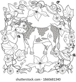 Art therapy coloring page. Coloring Book for children and adults. Colouring pictures with cow. Antistress freehand sketch drawing with doodle and zentangle elements.