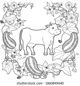 Art therapy coloring page. Coloring Book for children and adults. Colouring pictures with cow. Antistress freehand sketch drawing with doodle and zentangle elements.