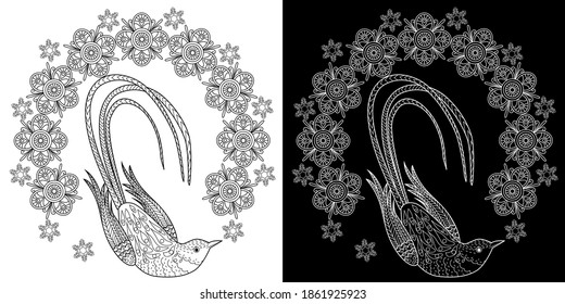 Art therapy coloring page. Coloring Book for adults and children. Christmas Tree Ornament and Bird. Art therapy coloring page. Antistress freehand sketch drawing with doodle and zentangle elements.